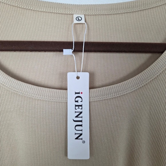 iGENJUN Women Large NWT Beige Ribbed Long Sleeve Scoop Neck Top - Picture 3 of 9